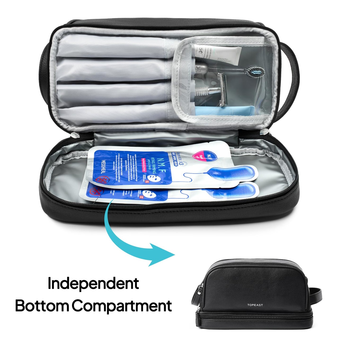 TOPEAST Toiletry Bag for Men, Large PU Leather Dopp Kit with Waterproof Wet Pocket, Double Layer Travel Toiletry Organizer with Brush Compartment, Shaving Bag with Handle, Black