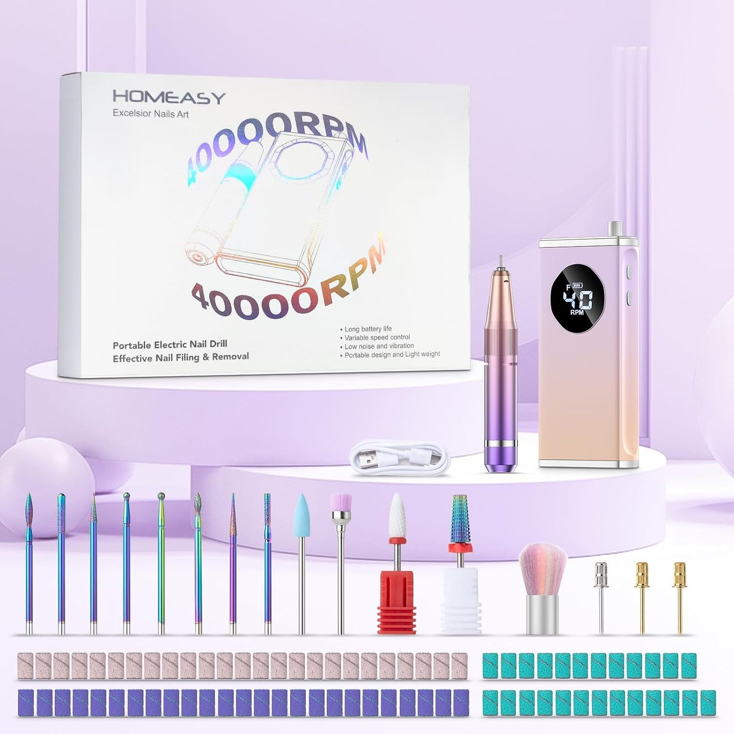 Electric Nail Drill - 40000RPM Professional E-Filer with 15 Bits | Portable Acrylic Gel Nail File (Purple)
