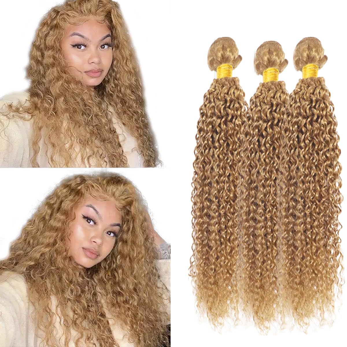 Color #27 Bundles Blonde Curly Human Hair Extensions 22 22 22 Inch 8A Grade Peruvian Virgin Remy Hair 3 Bundles Honey Blonde Bundle Double Weft Hair Weave