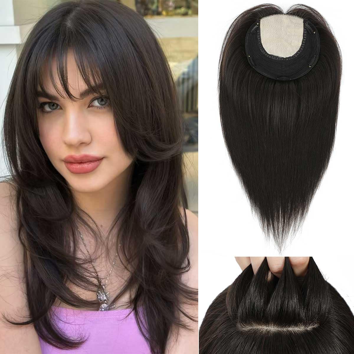 Aimeolyn Hair Toppers for Women - Real Human Hair 12-Inch Wiglet with Bangs for Thinning Hair | Big Base Scalp Coverage