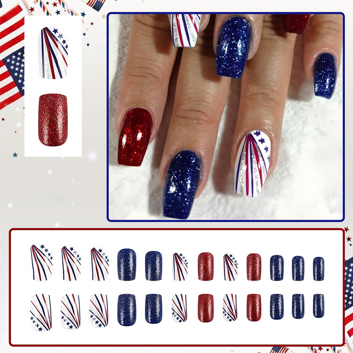 24Pcs 4th of July Press-On Nails - Medium Square Red, Blue & White Glitter Designs | Reusable Patriotic Acrylic Nails for Women