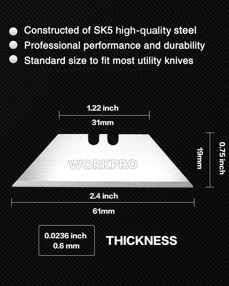 WORKPRO 50-Pack Utility Knife Blades with Dispenser, SK5 Steel Box Cutter, Standard Blades for Utility Knife Replacement