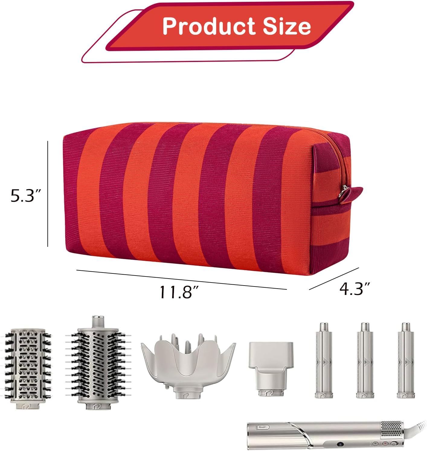 Striped Hair Tools Travel Bag - Corduroy Organizer for Hair Dryer & Flat Iron | Aesthetic Foldable Design (Red & Orange)