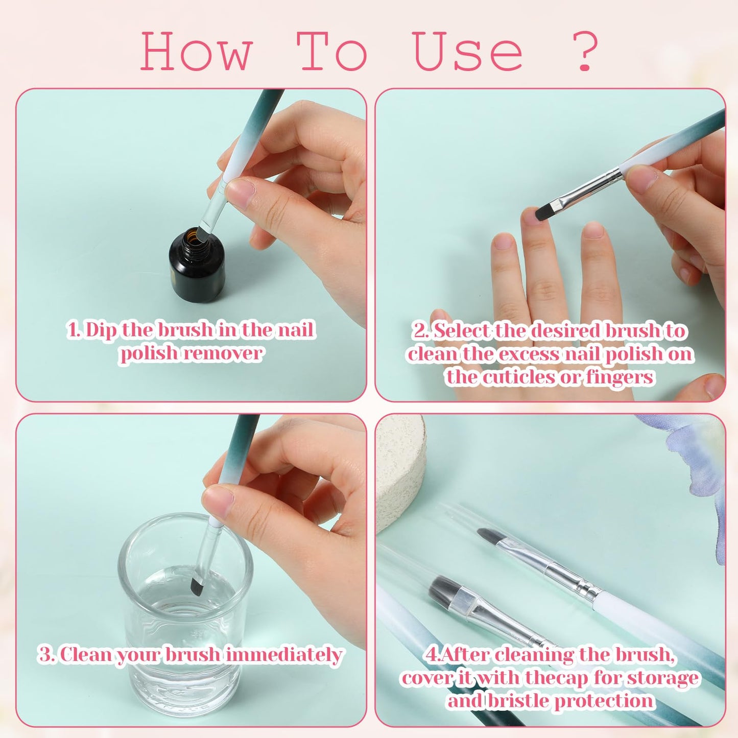 4PCS Nail Art Clean Up Brushes Round & Flat Brushes for Professional Nail Painting French Tip Detail Remover Manicure Brush Detail Nails Art Brush for Design Polish Painting DIY Mistake Cleaning