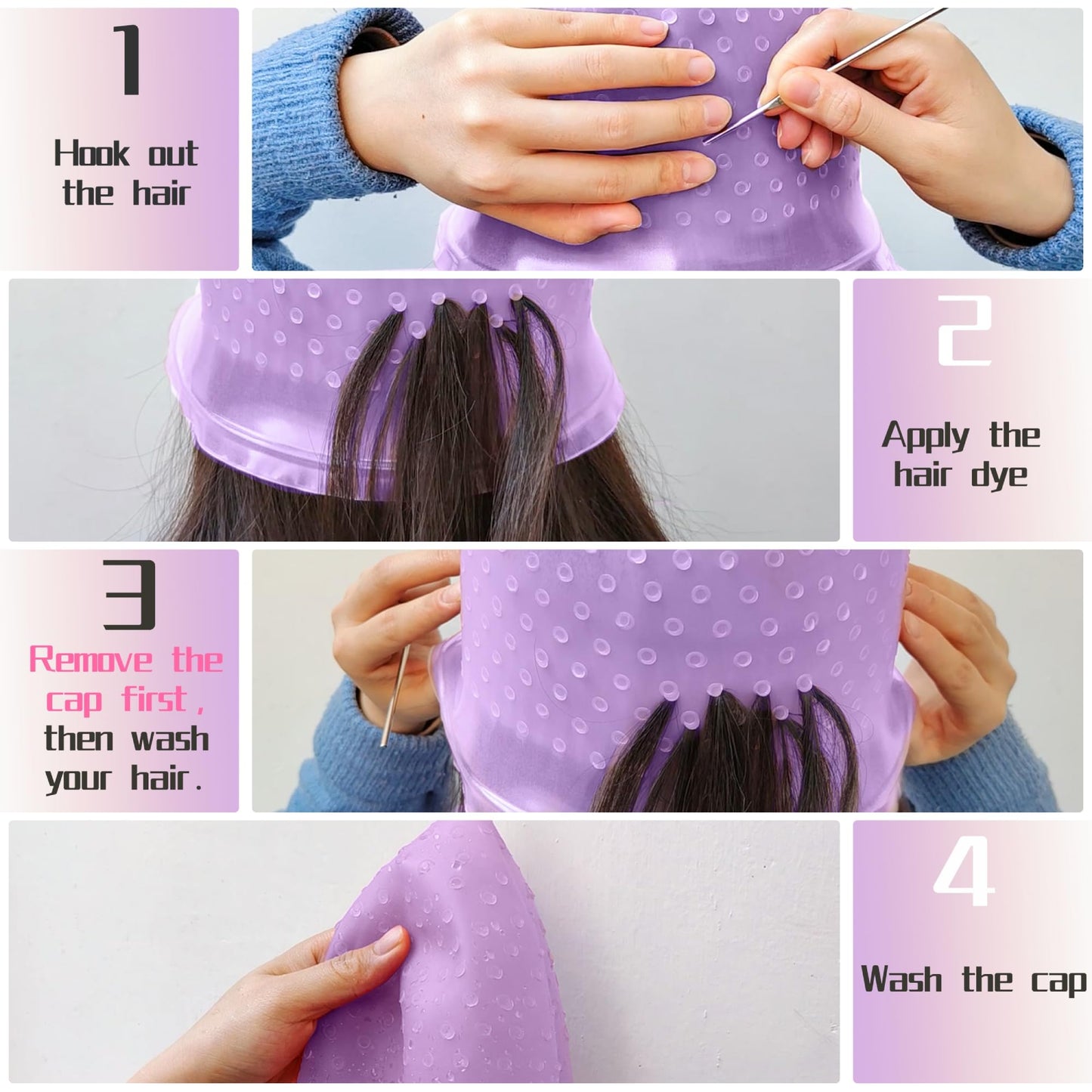 Punched Hole Silicone Highlight Hair Cap with Needle and Hair Coloring Brush, Highlighting Streaking Cap, Highlight Cap, Professional Salon Hairdressing Dyeing Staining Tools for Women Men