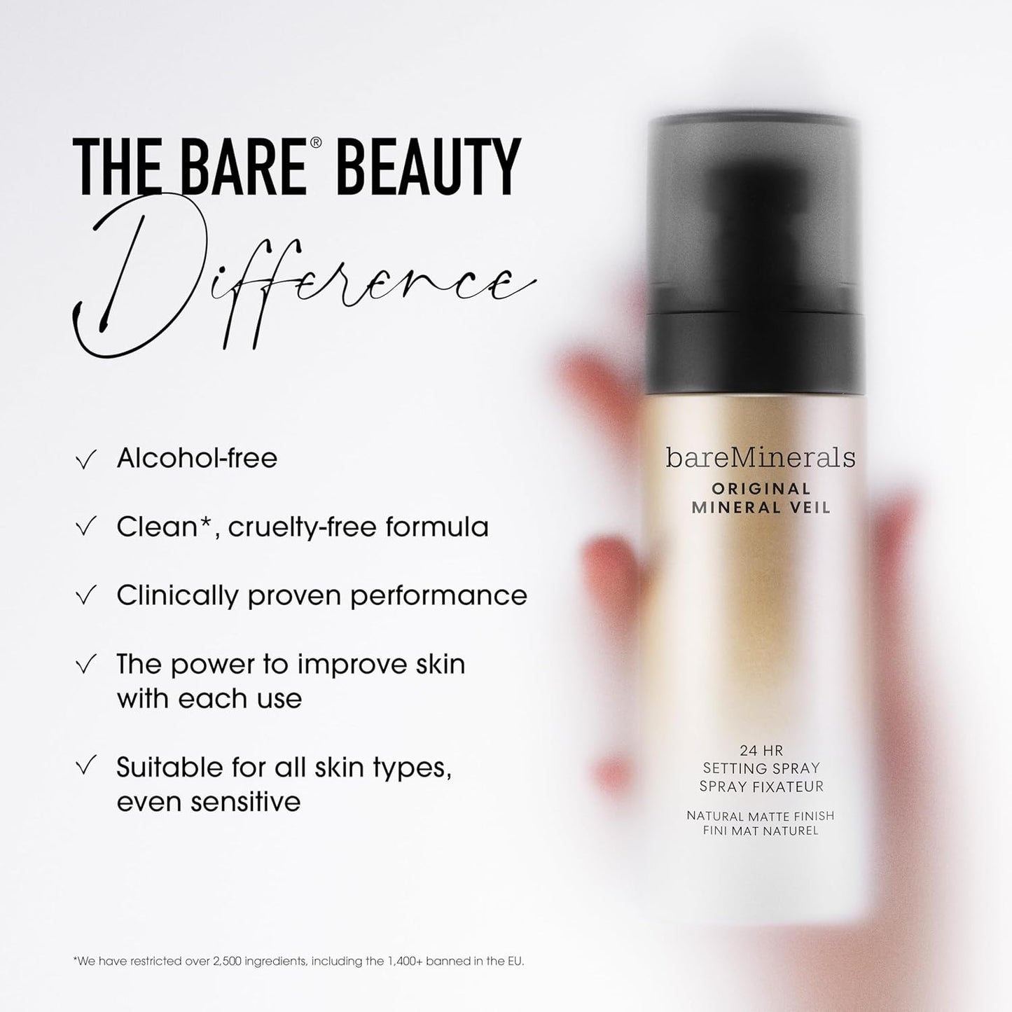 bareMinerals Original Mineral Veil Setting Spray - 24HR Makeup Lock & Oil Control, Alcohol-Free, Ultra-Fine Mist