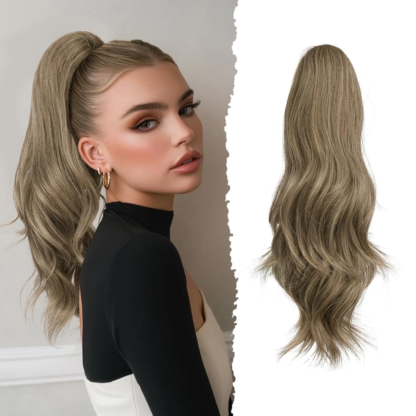 Claw Clip Ponytail Extension - 16 Inch Curly Wavy Synthetic Hairpiece | Dark Brown Fluffy Clip-In for Natural Look