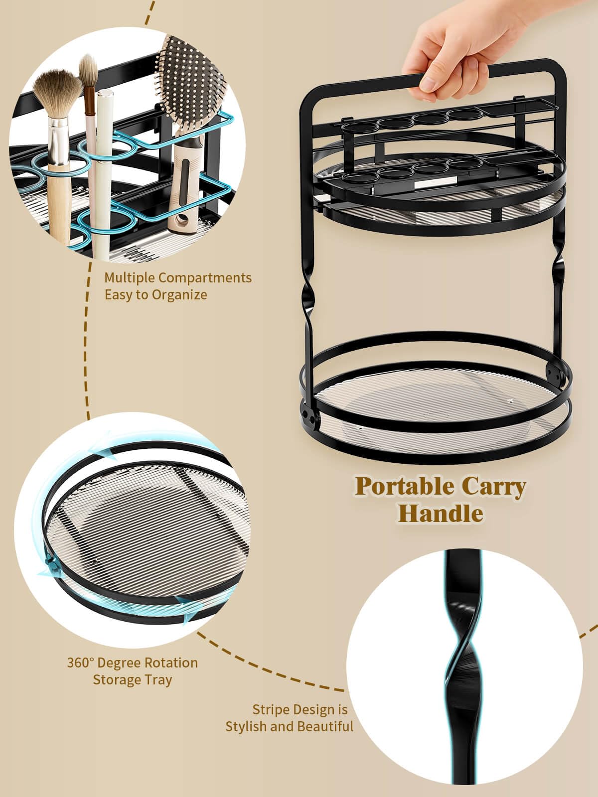 DUANFEE Rotating Makeup Vanity Organizer, 360 Spinning Perfume Organizer for Dresser, 2-Tier Black Bathroom Countertop Organizer, Lazy Susan Skincare Storage, Cosmetic Display with Makeup Brush Holder