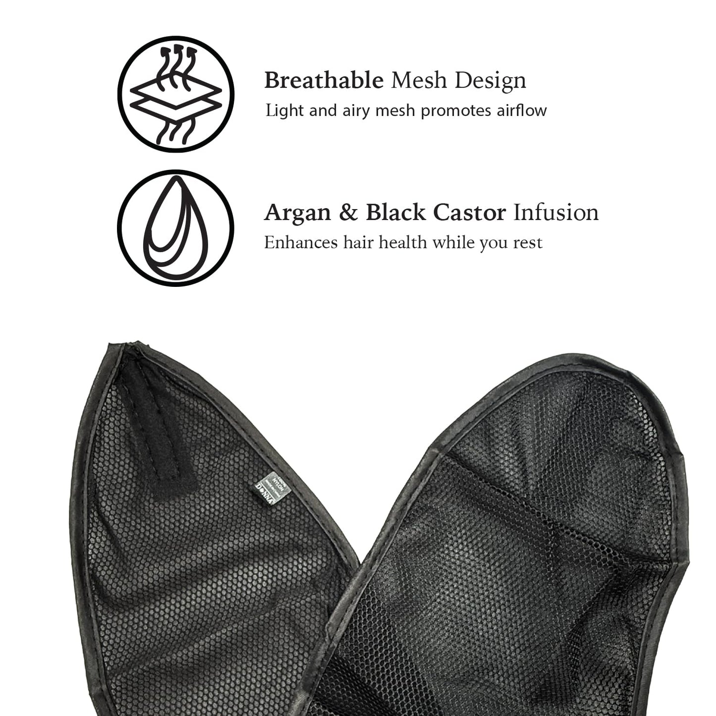 DONNA Argan & Black Castor Oil Satin Lined Mesh Wrap | Breathable Hair Wrap Headband for Women’s Hair Protection, BLACK COLOR 1PC