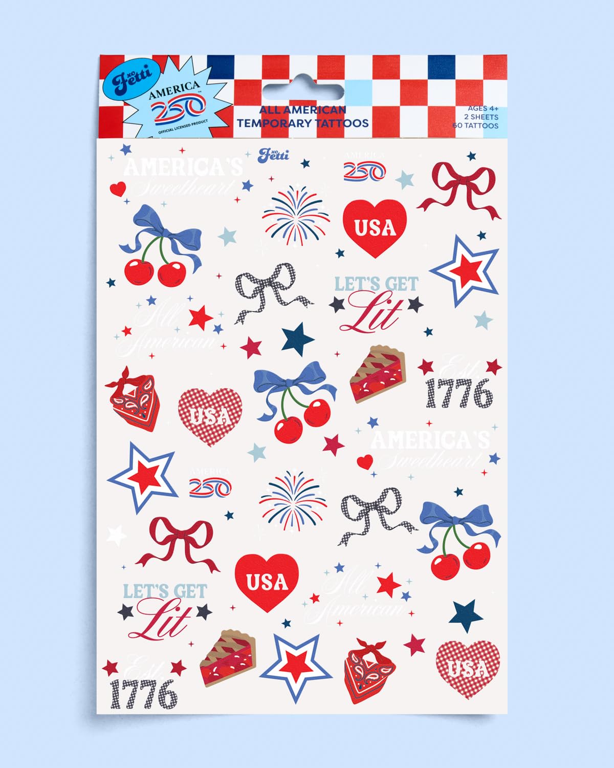 xo, Fetti America 250 Tattoos, 4th of July -60 Temporary Tattoos | USA, Red White Blue, Stars, Fireworks, Patriotic Party Decor, Kids Party, All American