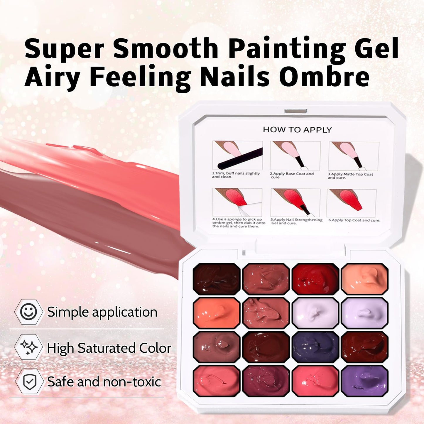 Karroy Sponge Pat Gel Nail Polish Palette, 16 Colors Blending Ombre Gel Polish Patting Gradient Painting Nails Art, No Wipe, UV/LED Cured (16 Colors F)