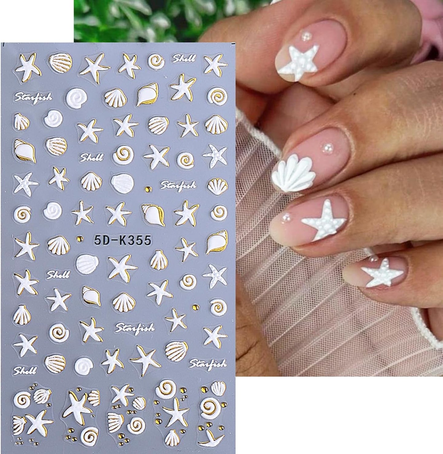 5D Embossed Beach Nail Stickers - Ocean-Themed White & Gold Shell & Starfish Designs | 2PCS Self-Adhesive Nail Art for Summer Manicure