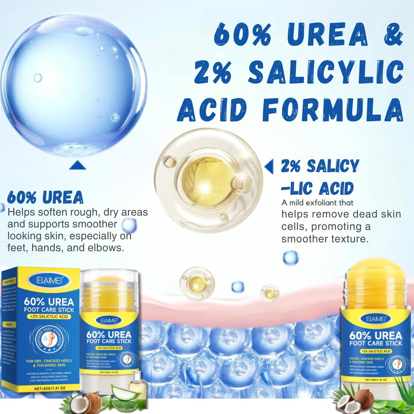 60% Urea Cream Stick with 2% Salicylic Acid, Maximum Strength Urea Foot Cream for Dry Cracked Heels & Feet, Callus Remover, Heel Balm, Fast Absorbing Moisturizer for Rough Hands, Knees & Elbows 1.41oz