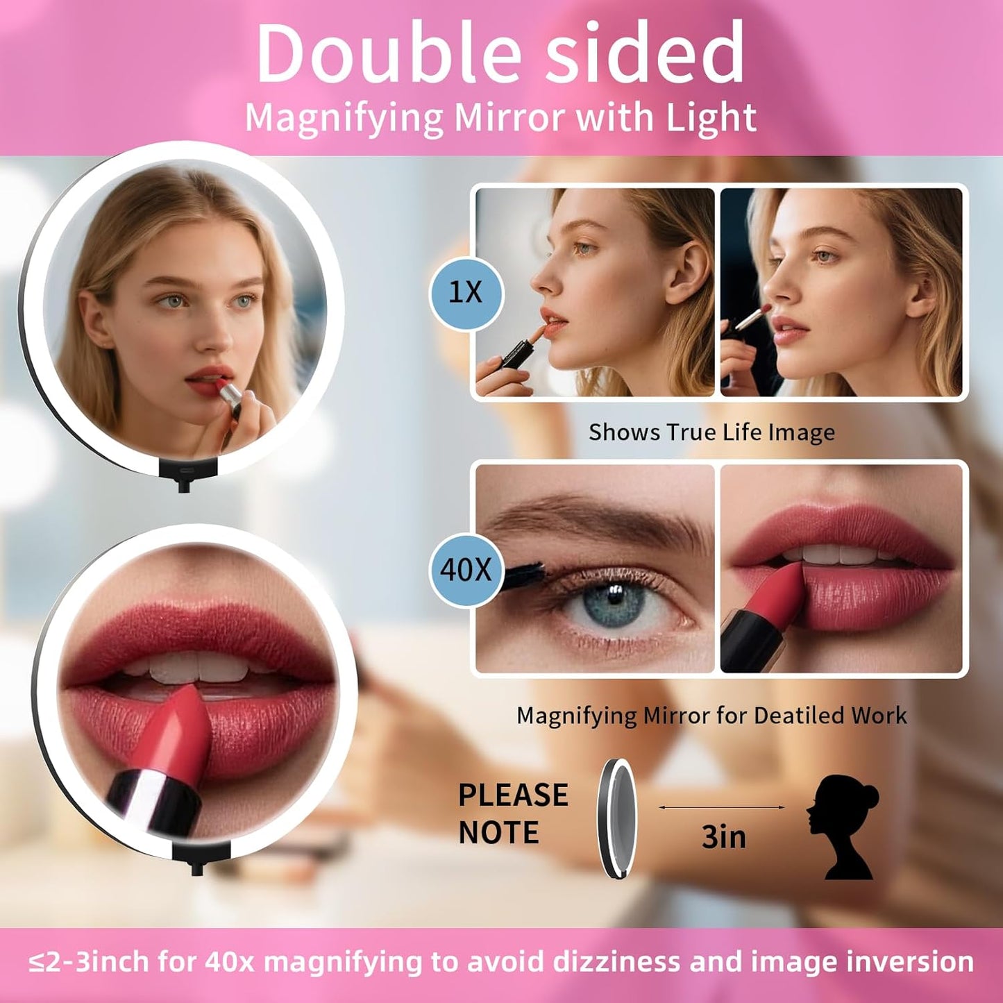 Magnifying Makeup Mirror with Light - 40X/1X Double-Sided, Rechargeable, 6-Inch, Foldable Design | 3 Colors Dimming Lighting