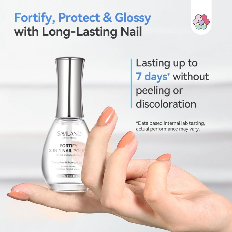 SAVILAND 3-in-1 Nail Strengthener | Quick-Dry Base & Top Coat - 15ml Clear Polish for Damaged Nails