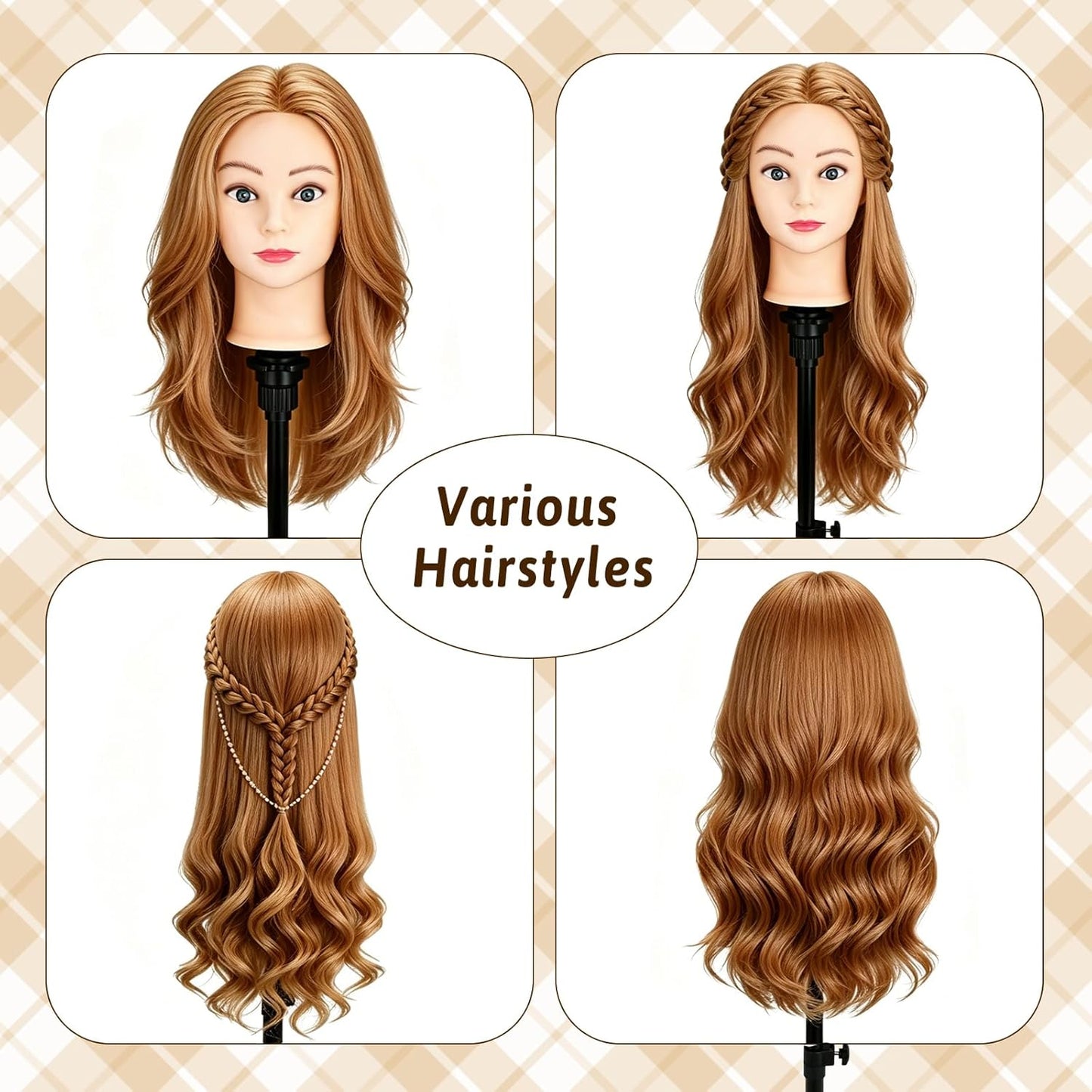 Mannequin Head - 90% Human Hair Styling Head for Cosmetology | 24" Hairdressing Training Doll with Table Clamp (Gold B)