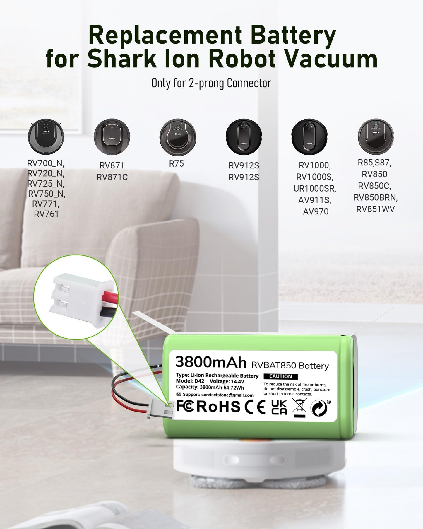 3800mAh RVBAT850 Battery, Battery Replacement for Shark Vacuum, Suitable for Rvbat850 Shark Ion-battery R75, RV761, RV850C, RV1000S, RV1100VL, RV101AE, UR1000SR, RV700_N, RV720_N(2-Prong Connector)