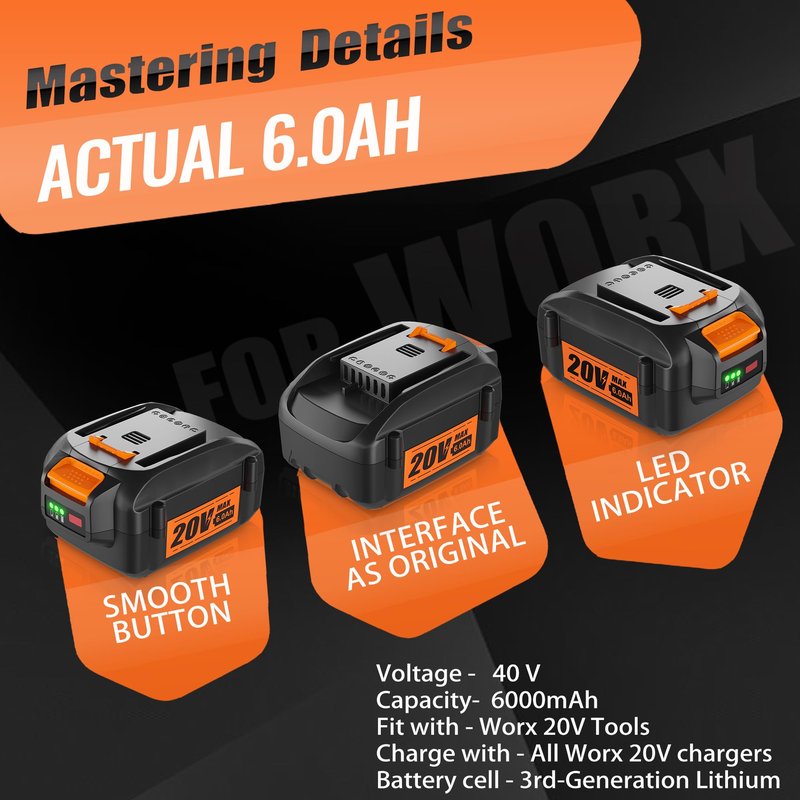 【NEW LED Indicator】6.0Ah 20V Replacement Battery for Worx 20V Battery Compatible with Worx 20 Volt Lithium WA3520 WA3525 WG151s WG155s WG251s WG255s WG540s WG545s Cordless Power Tools Battery
