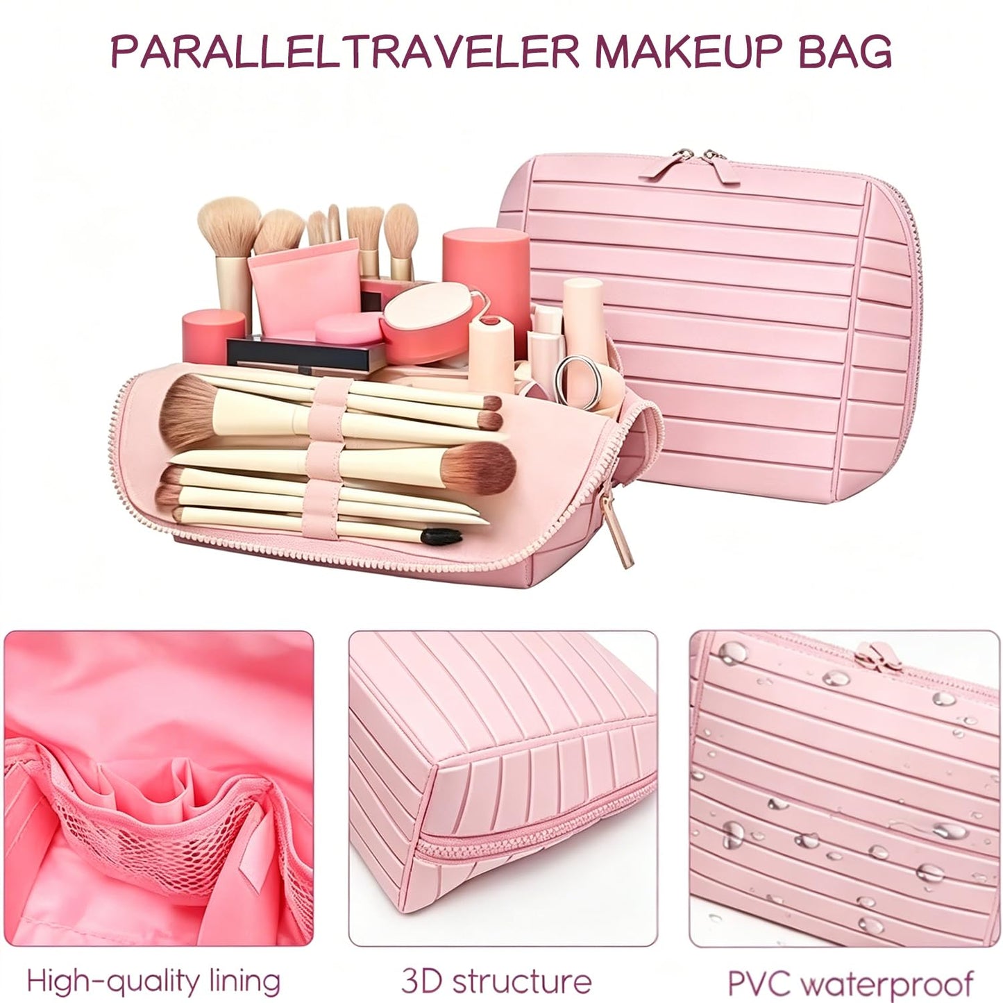 Slxypater Parallel Travel Makeup Bag,Foldable Makeup Bag,Waterproof Organizer Bags Large Capacity Flat Cosmetic Case with Compartments for Skincare, Toiletries (Nude, 7.87"×4.33"×7.09")