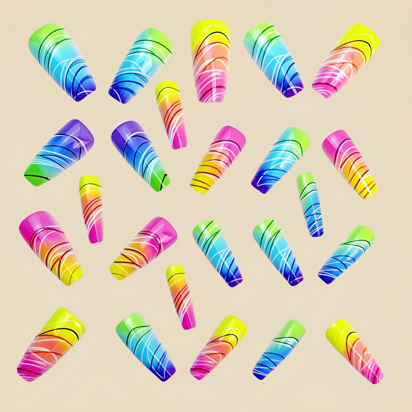 Colorful Gradient Press-On Nails | Medium Coffin Shaped Acrylic Nail Art - 24 Pcs with Rainbow Designs