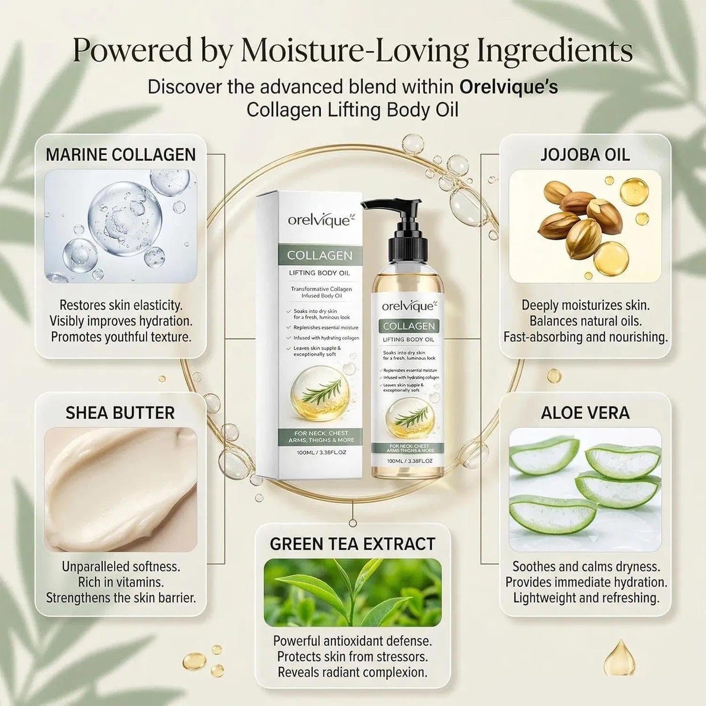 Relify Orelvique Collagen Oil for Skin Tightening, Firming Moisturizing Oil for Arms, Legs, Neck & Face, Fast-Absorbing Non-Greasy Formula with Marine Collagen, Jojoba, Shea Butter, Aloe Vera (1pc)