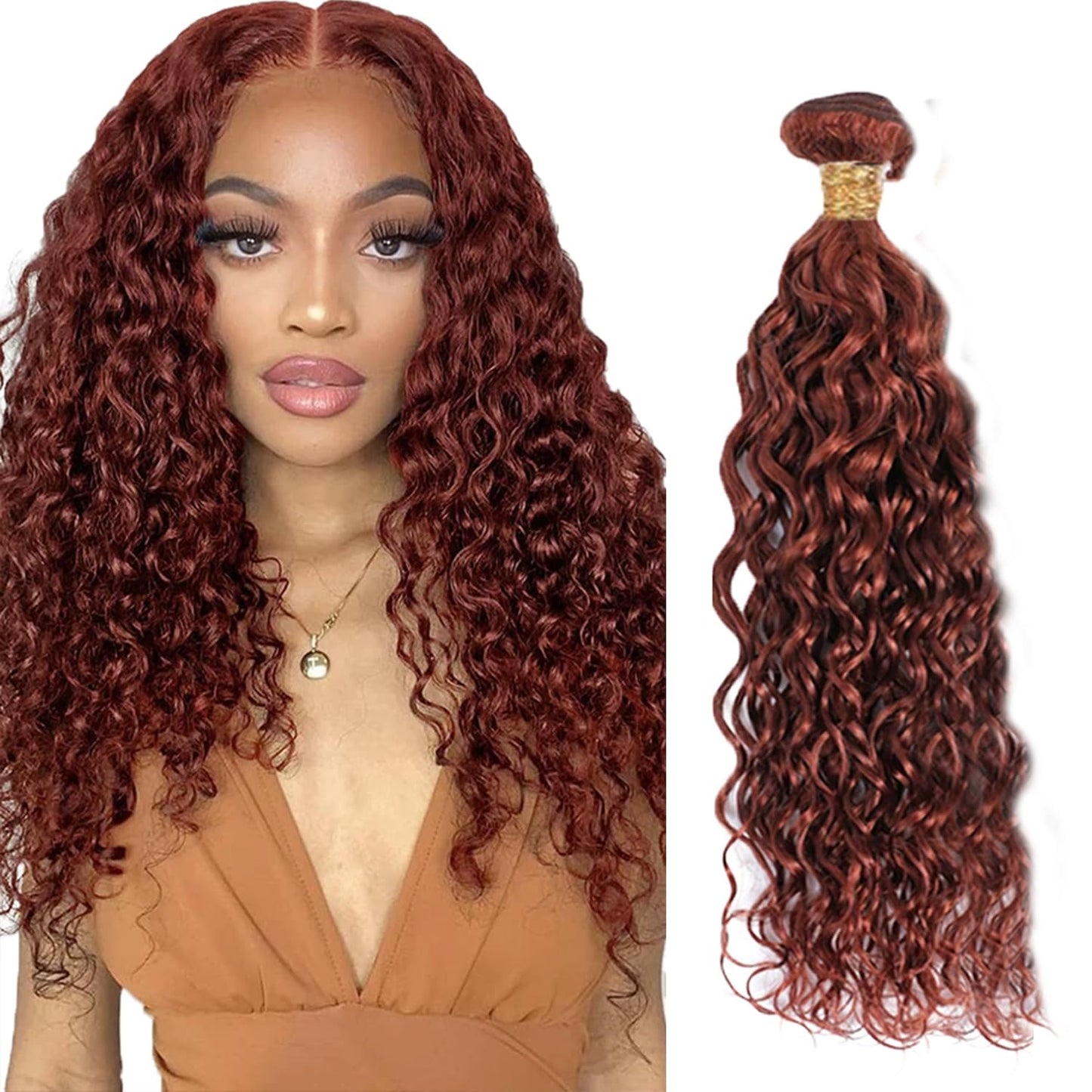 Copper Red Human Hair Bundles Auburn Water Wave Bundles 14 Inch Huxowax Brazilian Virgin Soft and Sikly Remy Hair Extensions Color 33 Wet and Wavy Bundle 50g
