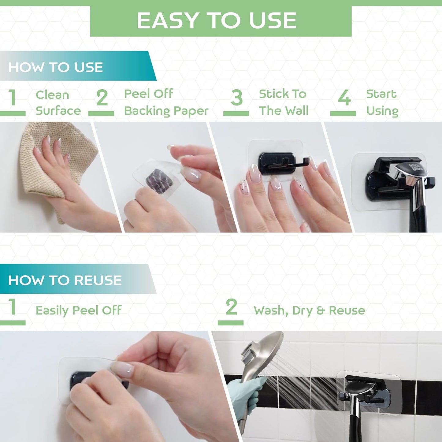Strong Adhesive Shower Razor Holder - Waterproof Wall Hooks for Bathroom | 2-Pack, No-Drill, Reusable & Removable - White