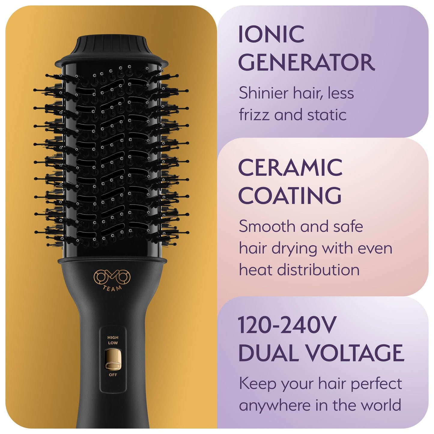 Manual Dual Voltage Blowout Hair Dryer Brush, Professional Hot Air Brush for European Travel 110V-120V/220V-240V, Black Gold Dryer and Volumizer for Women, 2.4 INCHES Oval Shape