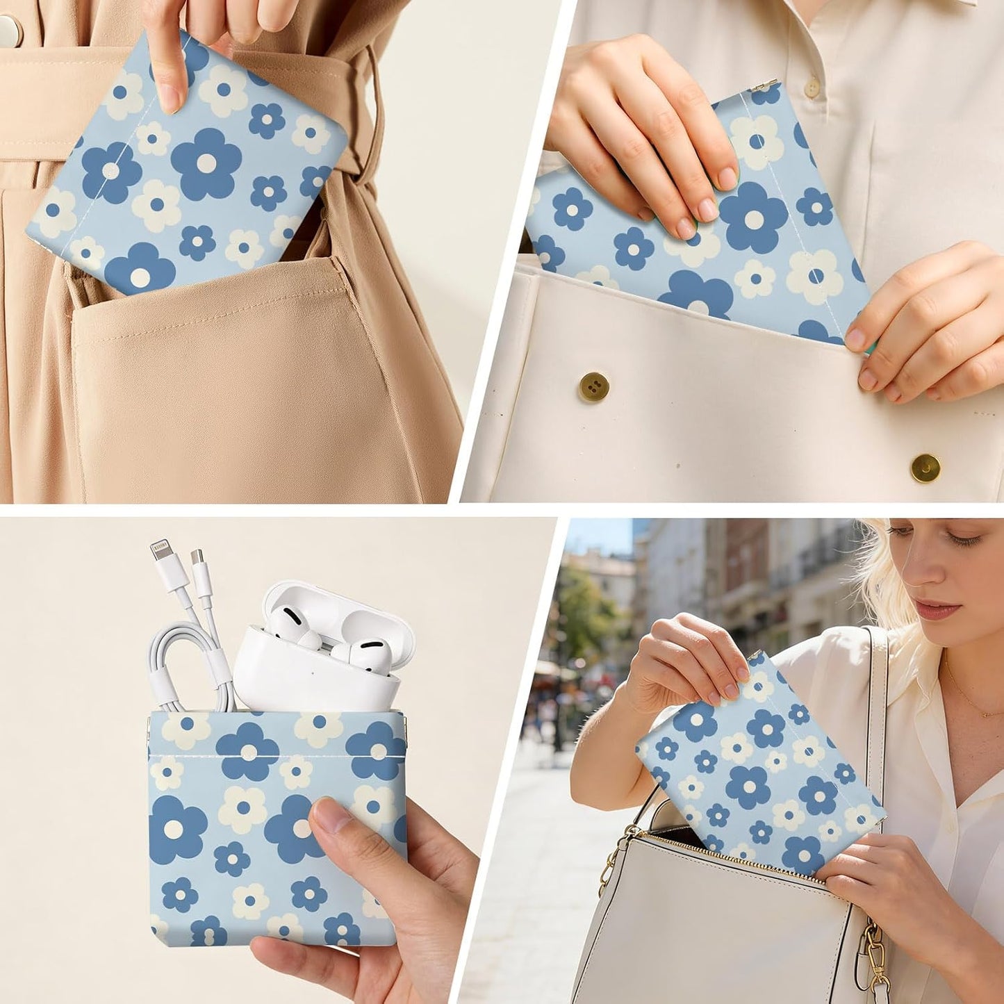 Small Makeup Bag Set - 2 PCS PU Leather Cosmetic Organizer | Portable Travel Toiletry Pouch with Blue and White Floral Design