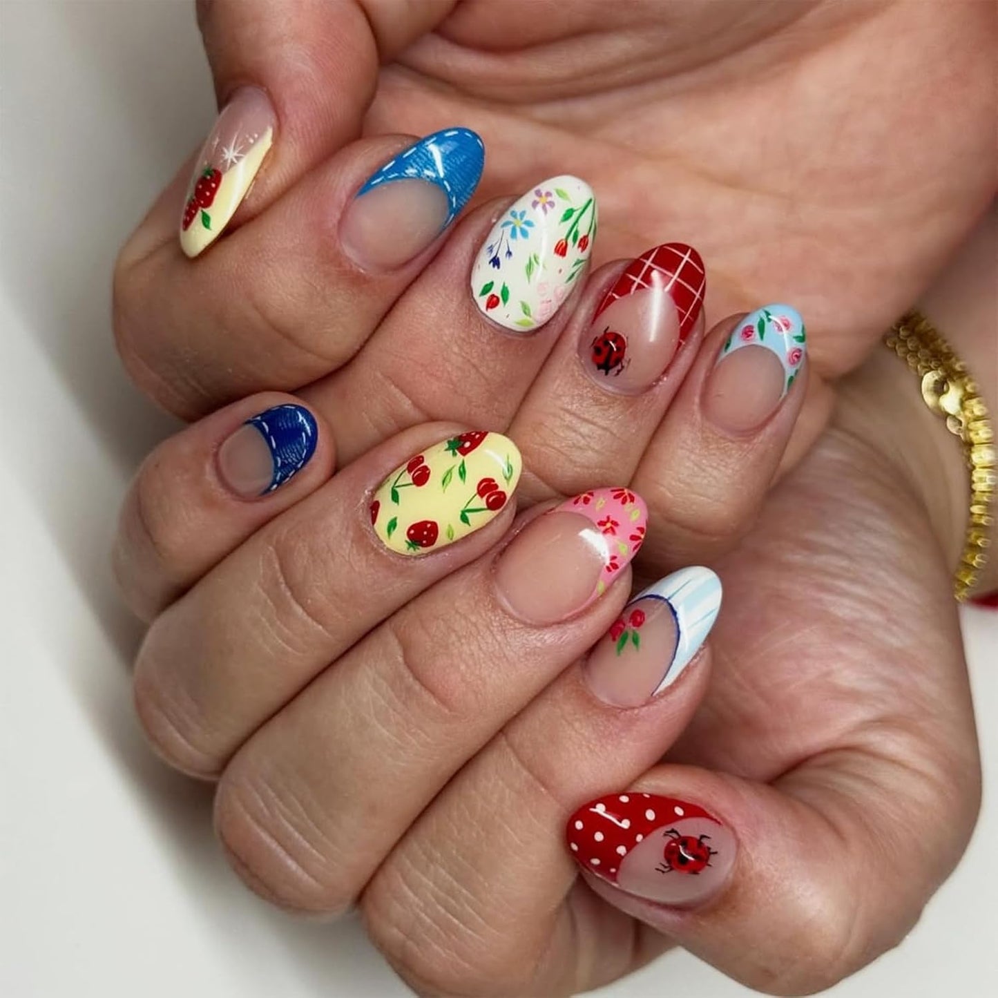 Almond Press-On Nails - White French Tip with 3D Gold Bow | Reusable Acrylic Full Cover, 24 Pcs
