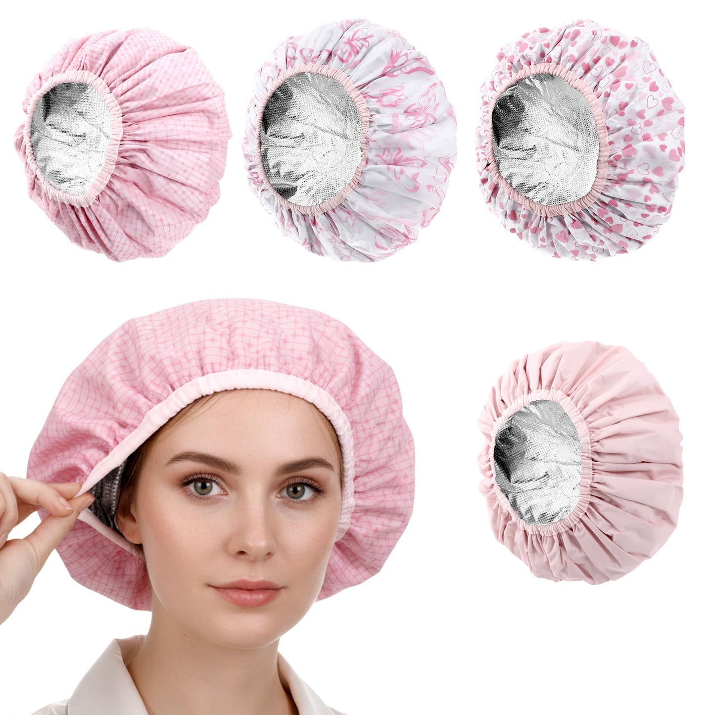 Guduling 4pcs Deep Conditioning Cap, Heat Cap for Deep Conditioning, Pink Heating Caps, Reusable Heated Hair Caps for Hair Treatment, Shower for Home Salon