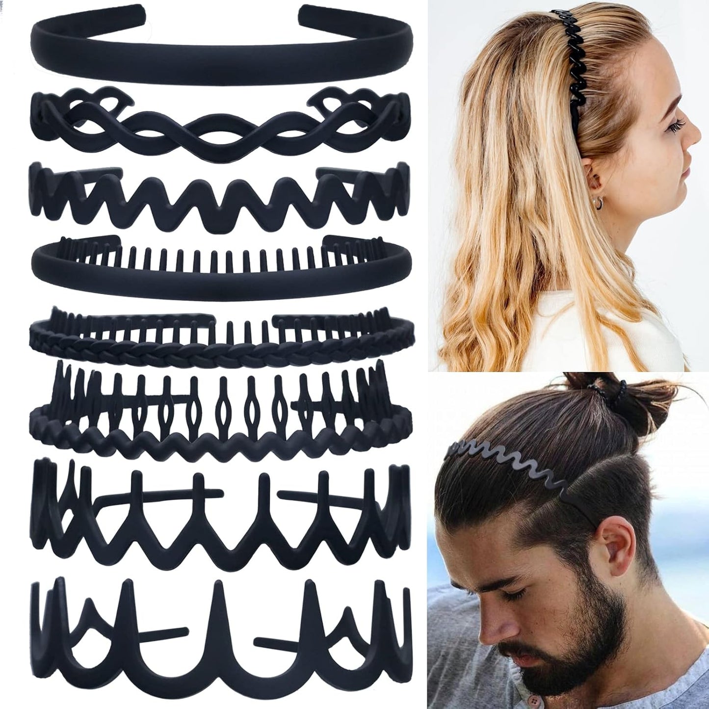 LAPOHI 8-Piece No-Slip Plastic Headbands Set - Effortless Style for Women, Men & Teens | Black