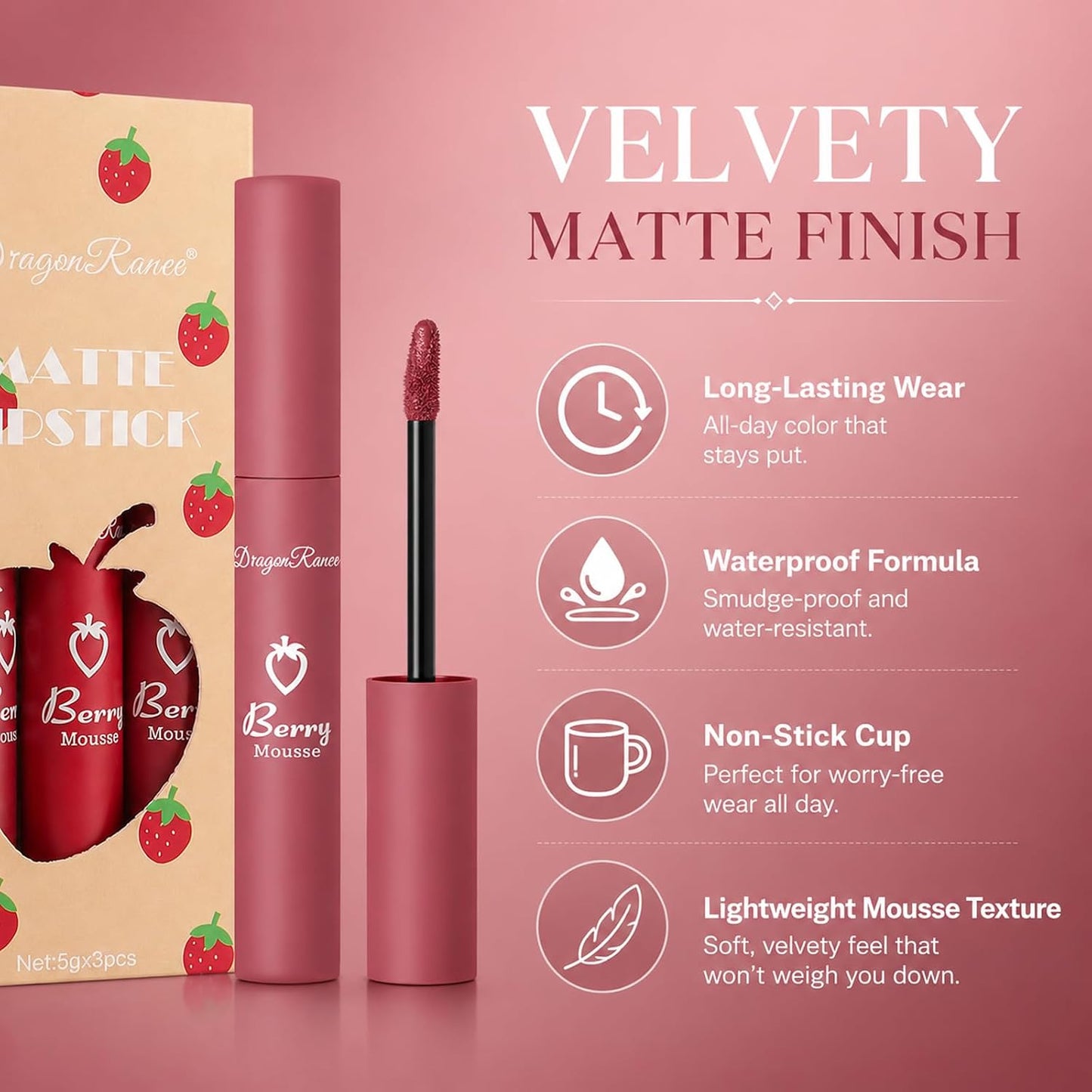 Dark Red Matte Lipstick Set - Long-Lasting Velvet Crayon Lip Stain | 3 Pcs, 24-Hour Waterproof Wear