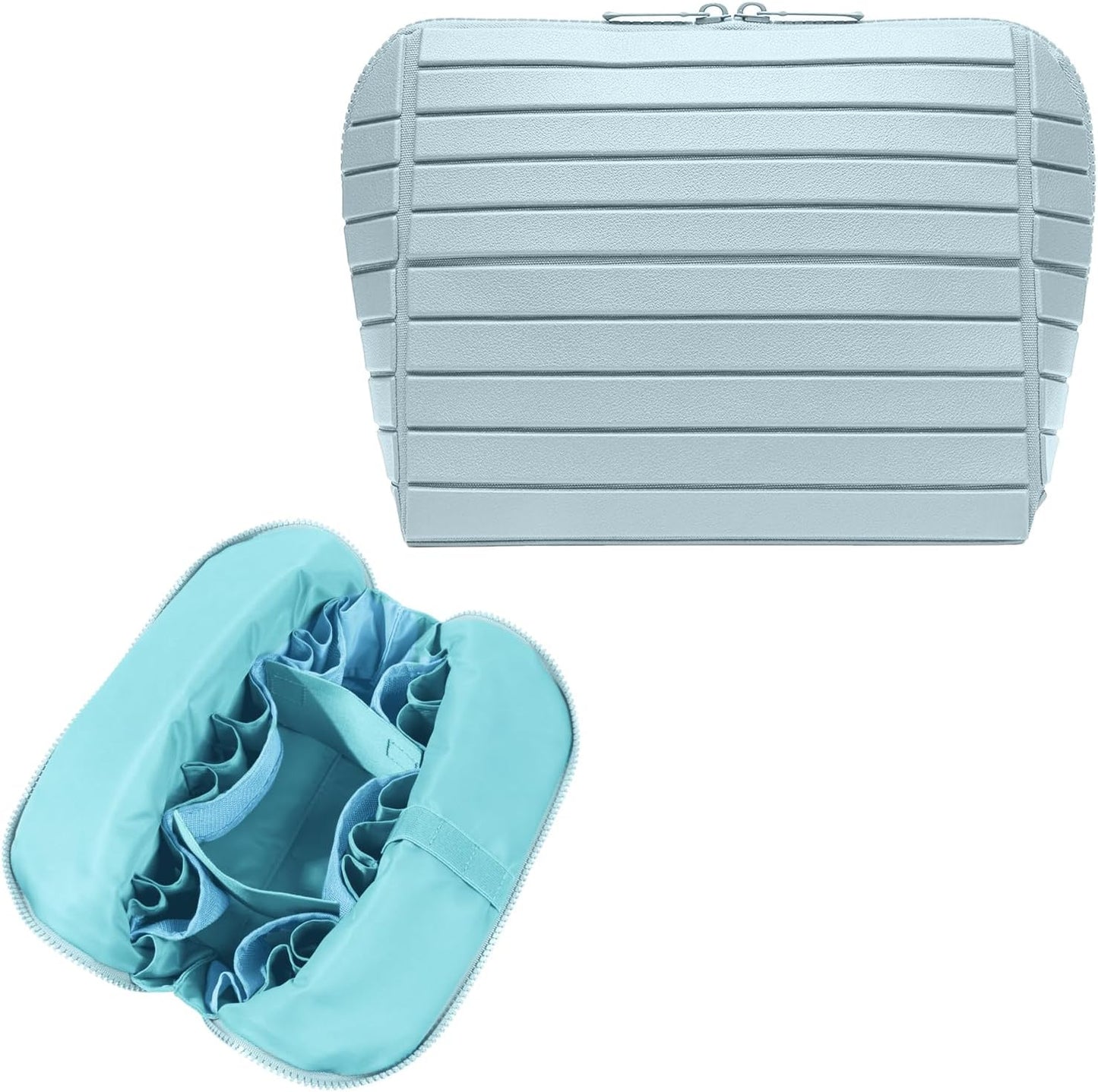 Travel Makeup Organizer Bag - Large Capacity with 27 Pockets & Adjustable Dividers | Light Blue