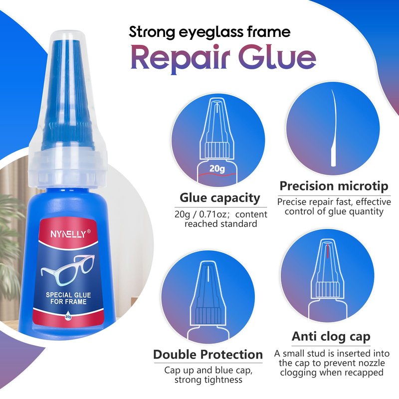 Nynelly 20 g Super Glue for Glasses Frames Repair and Bonding, Instant Strong Adhesive for Repairing Broken Frames Plastic Wood Metal Rubber Leather, Clear Liquid Glue Adhesive, Quick Dry