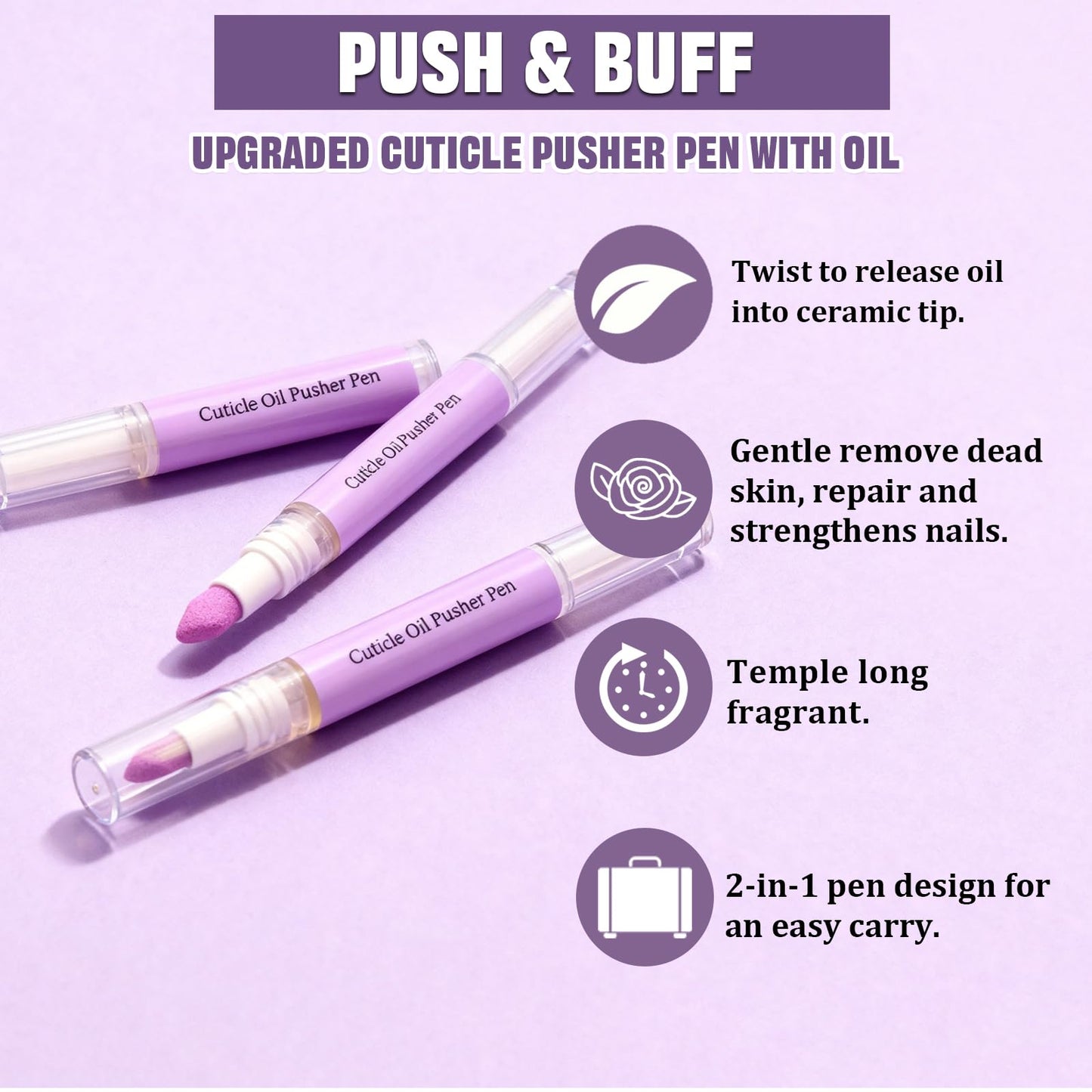 3 PCS 2-in-1 Cuticle Oil Pusher Pen,Nail Care Pen Applicator, Gentle Cuticle Remover,for Dry & Damaged Nails, Moisturize Strengthen Brighten