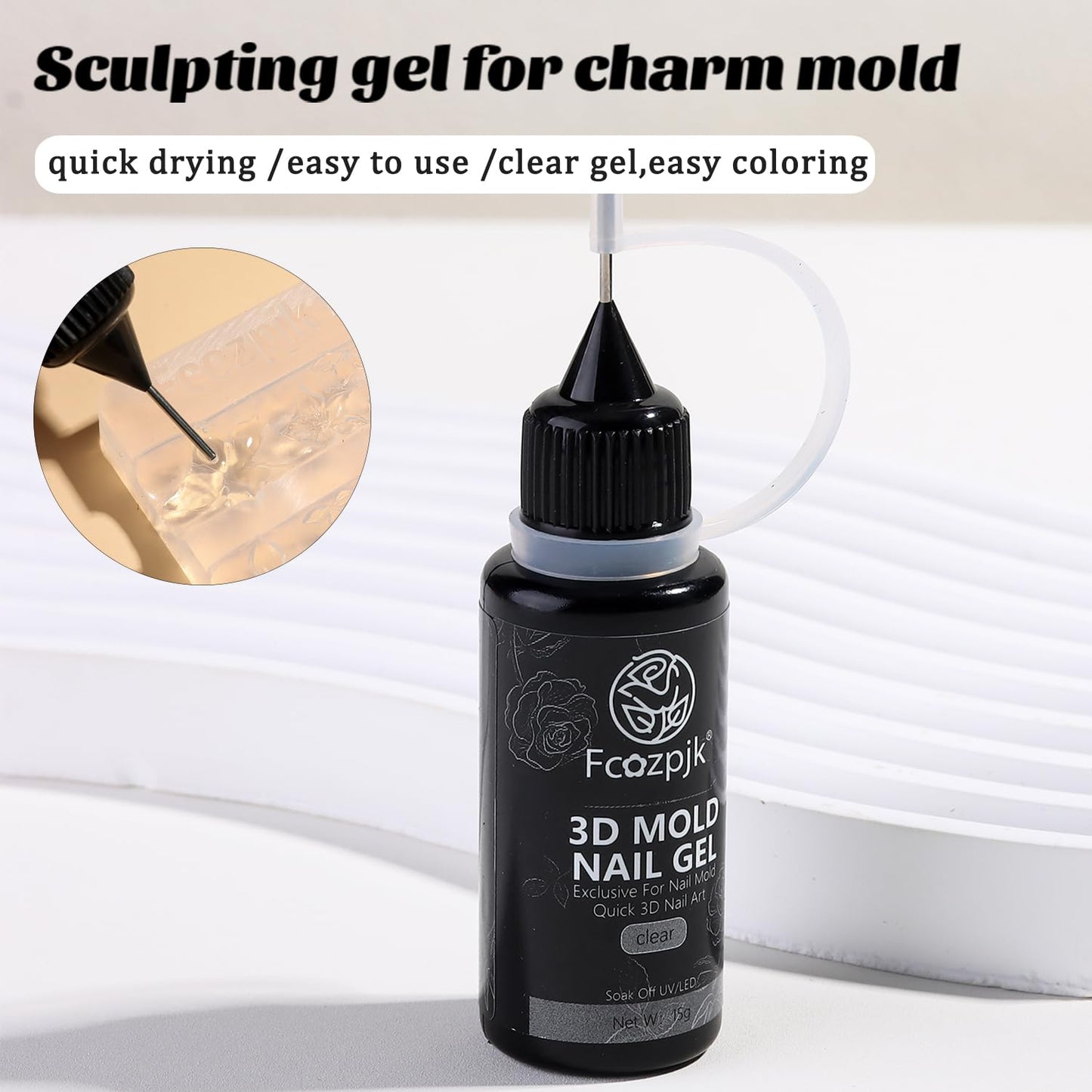 Fcozpjk 3D Sculpting Gel, 15g Clear Molding Gel for Silicone Nail Charms Molds Quick Dry Gels Glue Modeling Carving Flowers Design Nail Charms DIY Home Manicure Salon Supplies UV/LED Cure Needed