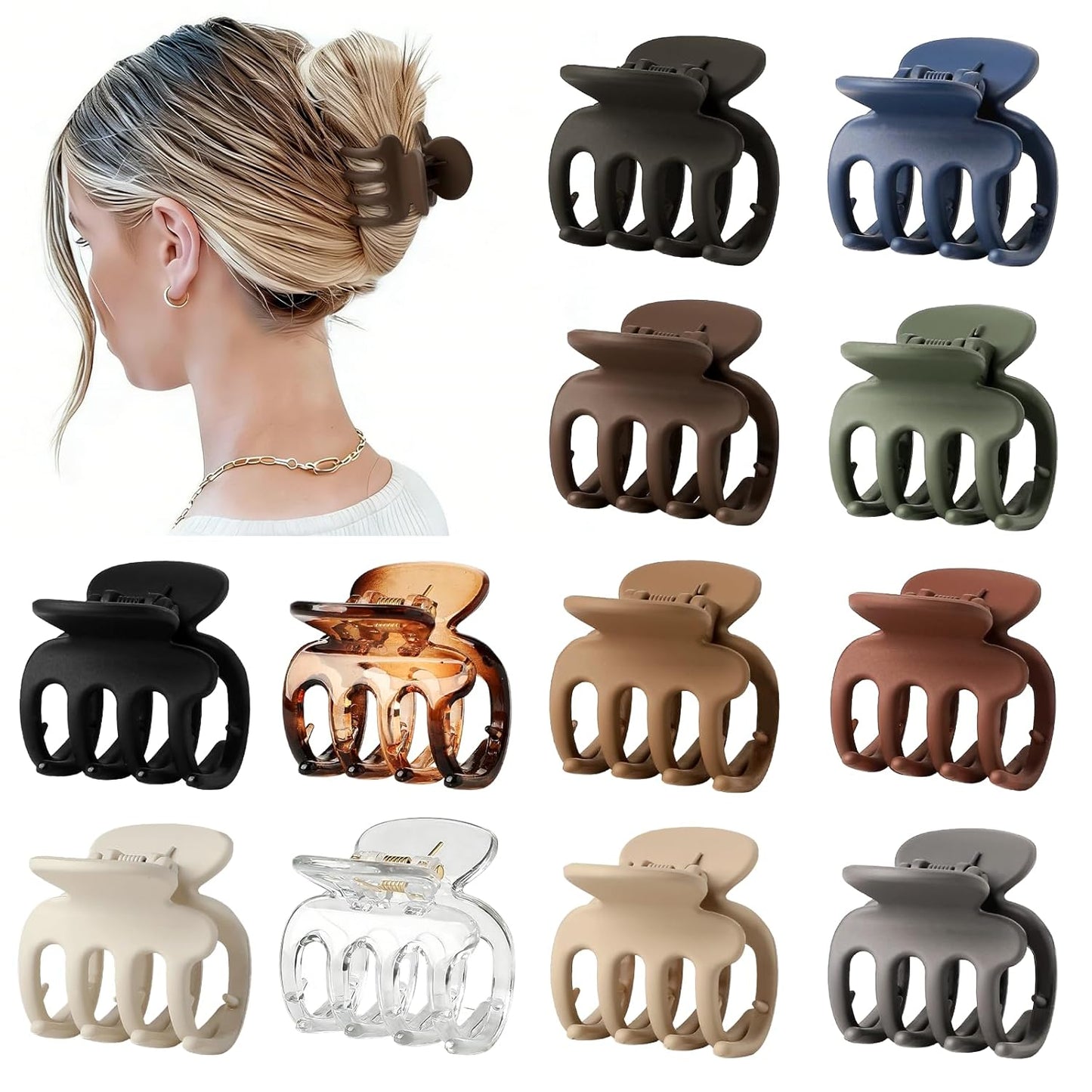 12Pcs Hair Clips for Women - Small Claw Clips for Thin & Thick Hair | Brown 1.8 Inch Hair Accessories