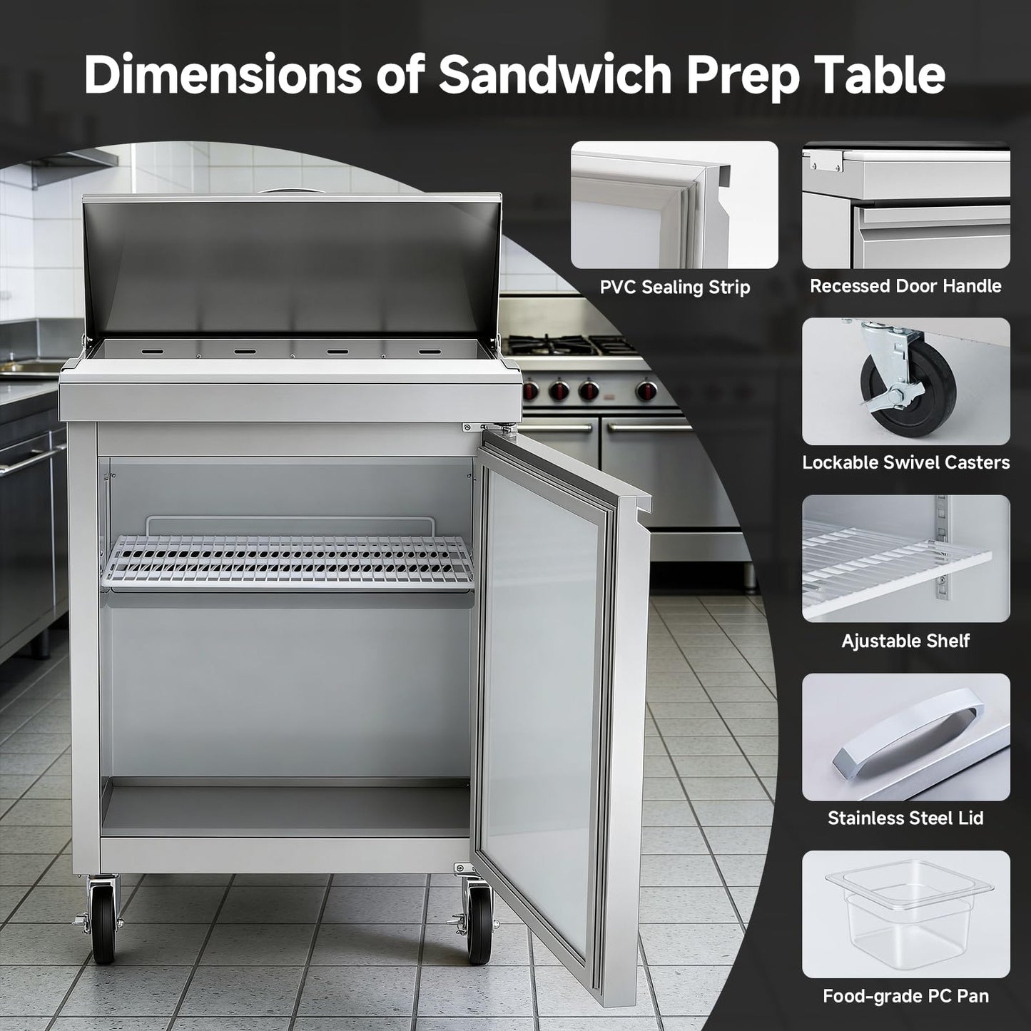 BODEGACOOLER 27" W Sandwich Prep Table Refrigerator, 8.03 Cu.Ft Pizza Prep Table, Commercial Salad Bar with Single Stainless Steel Door, 8*1/6 Pans, Cutting Board for Restaurant,Home,Cafe,Bakery