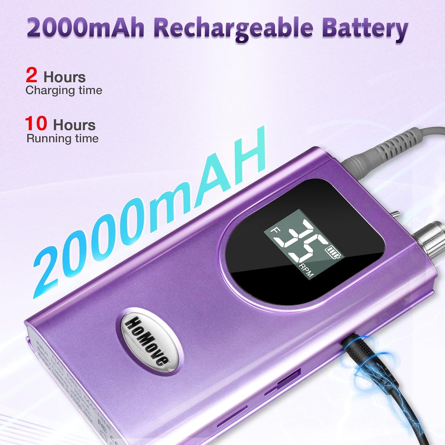 Professional Nail Drill Machine - 35000RPM Rechargeable Efile for Acrylic Gel Nails | Portable & Low Heat (Violet)
