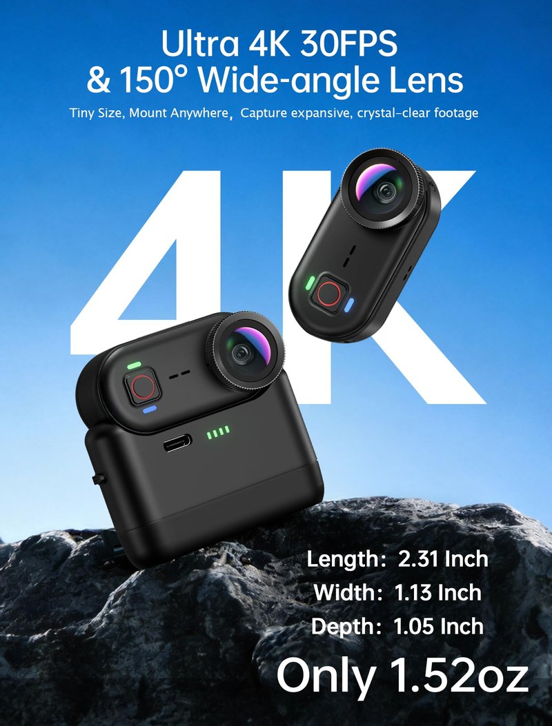 4K Mini Body Action Cameras POV Body Cam, 64GB Sports Camera with Audio Video Recording, Portable WiFi Magnetic Wearable Waterproof Thumb Camera for Motorcycle Vlogging Skiing Cycling Hiking-Black
