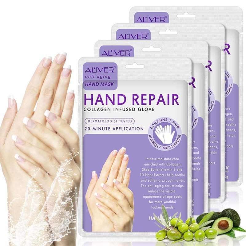 Moisturizing Gloves - 4 Pack Hand Spa Mask with Collagen & Vitamins | Repair Dry, Cracked Skin for Men & Women