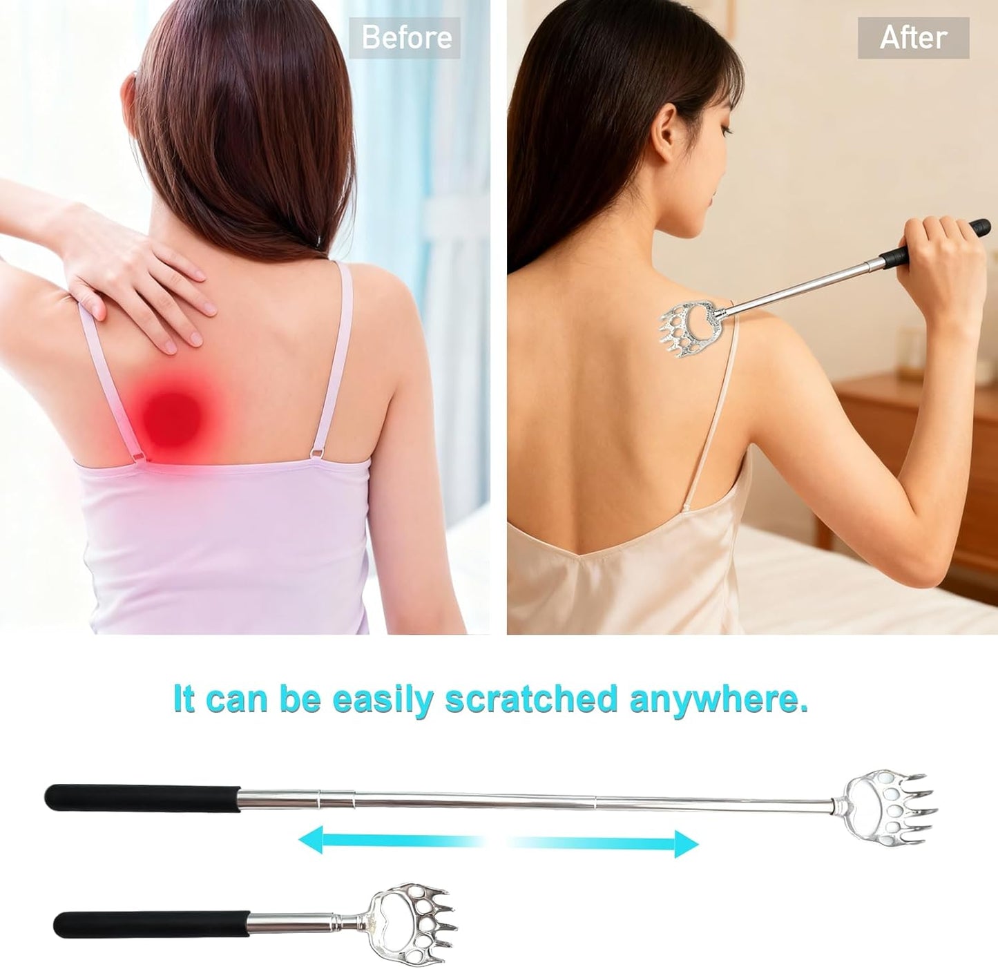 Extendable Metal Bear Claw Back Scratcher - 2 Pcs Set for Men & Women | Perfect Christmas Stocking Stuffers (Black)