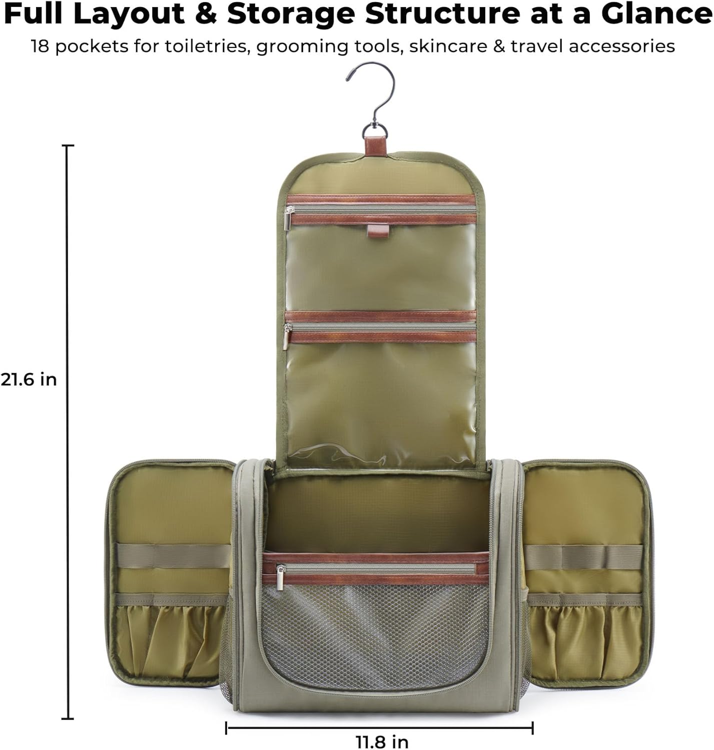 Large Hanging Toiletry Bag for Men - Travel Bathroom Organizer with Hook | Green Hygiene & Grooming Essentials