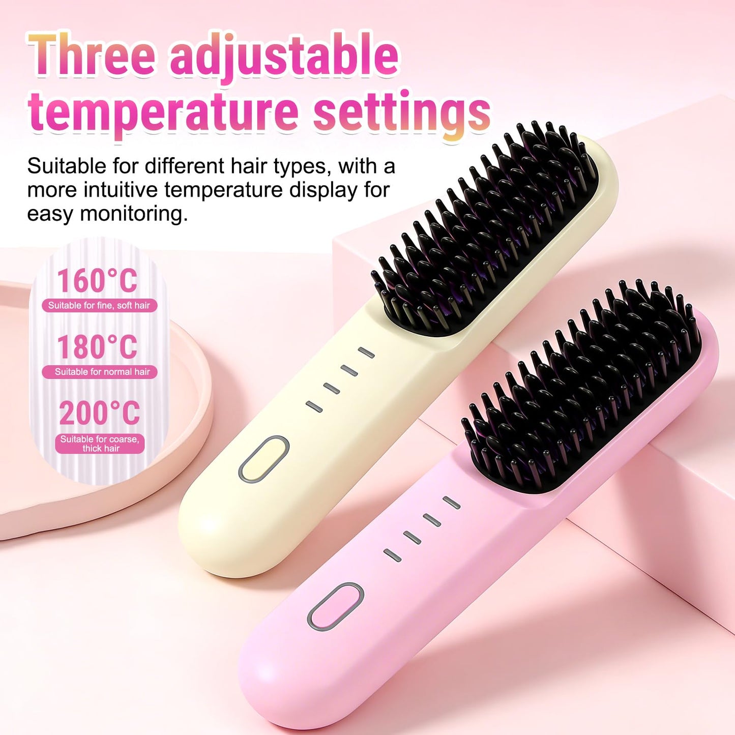 Hair Straightener Brush for Short Hair, 2026 Upgraded Cordless Straightening Brush with 30s Fast Heat, 4 Temperature Settings, Ionic & Ceramic Care, USB-C Rechargeable for Frizz-Free Styling (B-Pink)