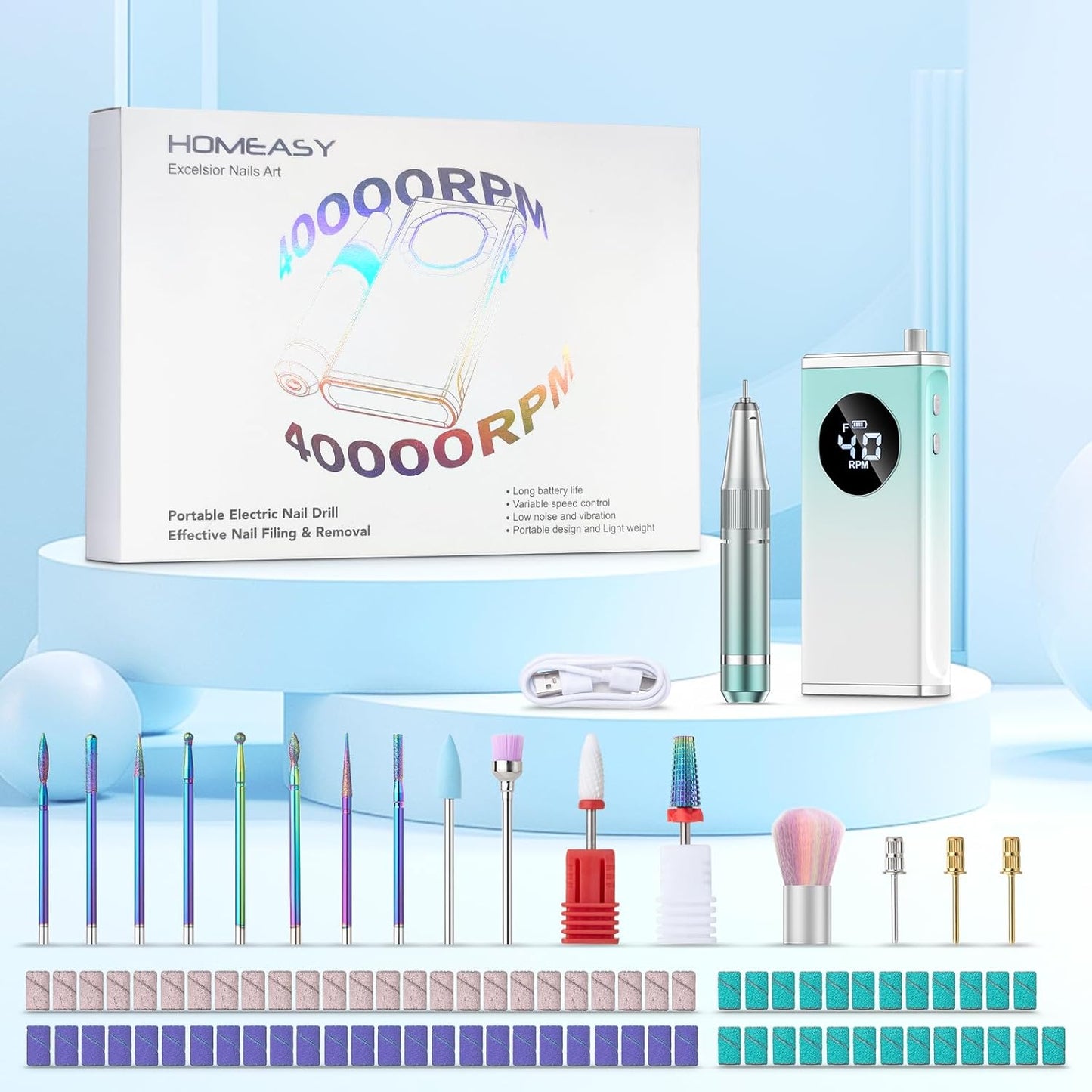 Electric Nail Drill - 40000RPM Professional E-Filer with 15 Bits | Portable Acrylic Nail File for Salon & Home Use (Blue)