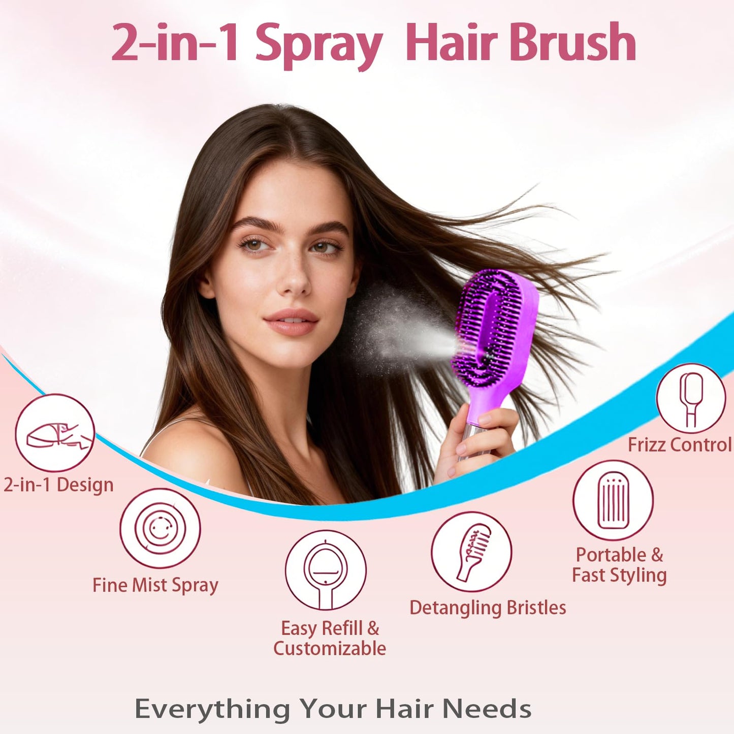 Hair Brush with Water Spray, 2-in-1 Detangling Tool for Frizz Control, Works on Wet & Dry Strands, Portable Mist Comb for Thick, Curly & Fine Textures(1 Purple)