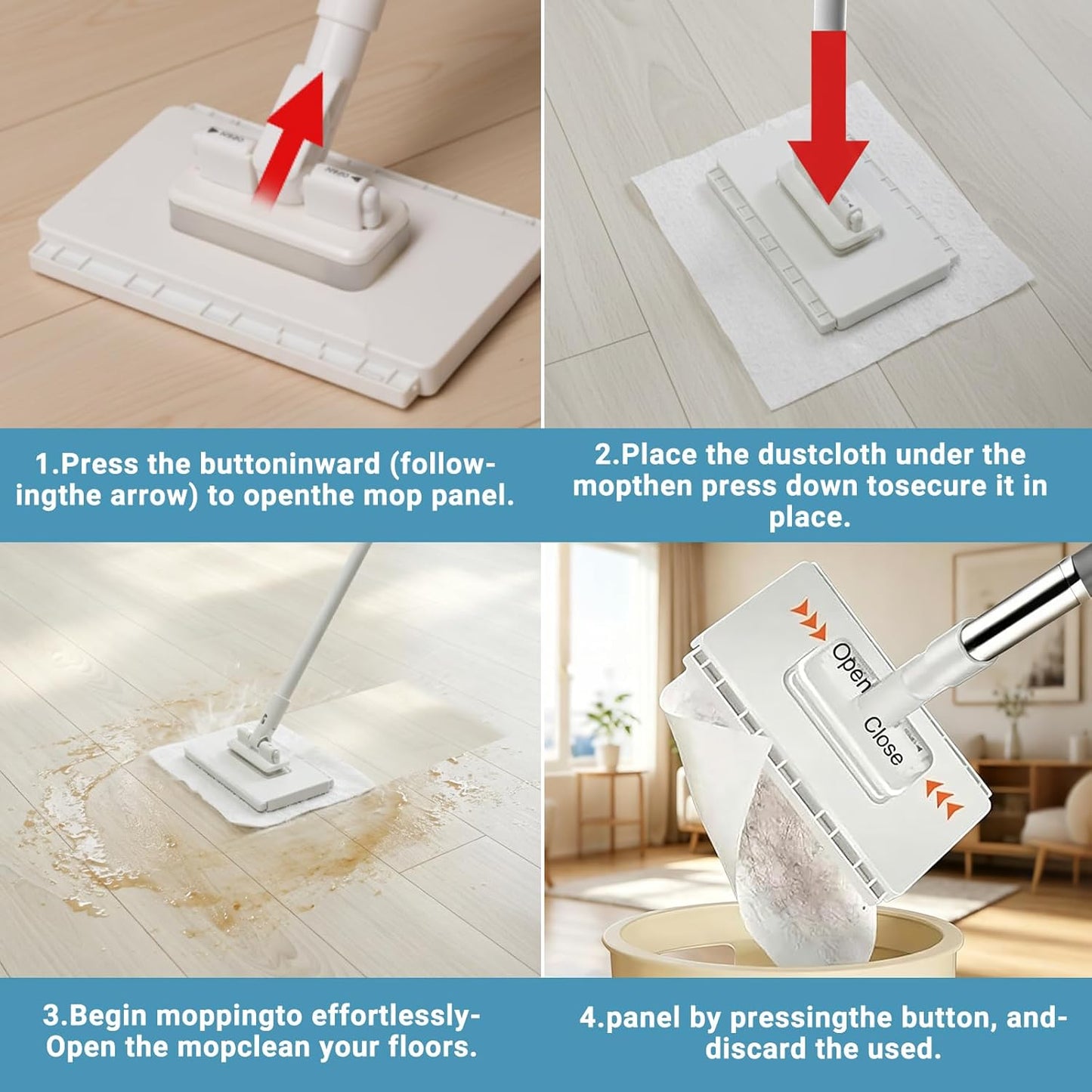 Hands-Free Flat Mop - Automatic Gripping & Self-Squeeze | Easy Cleaning Set with 5 Reusable Cloths
