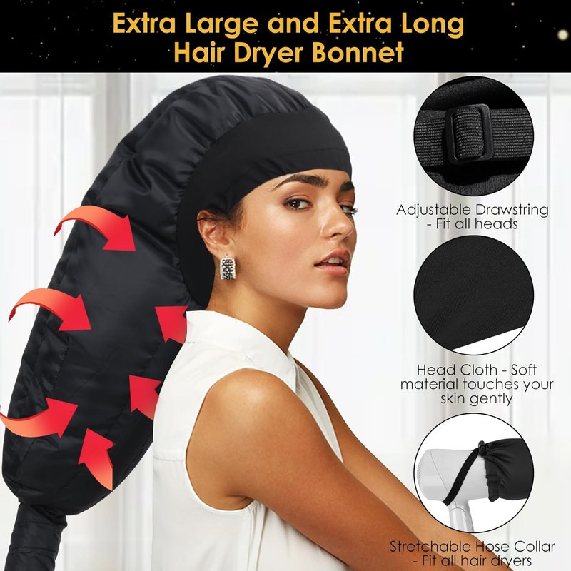 Hair Dryer Bonnet Attachment - Extra Large Adjustable Hooded Cap for Natural Curly Hair Care | Fast Drying, Easy to Use - Black