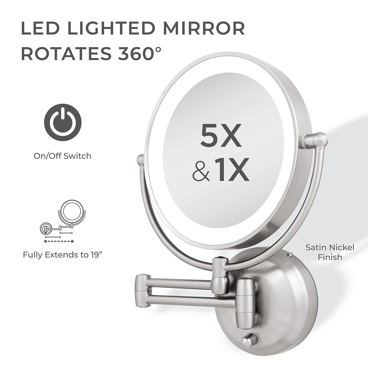 Zadro 11" LED Wall Mounted Makeup Mirror - 5X/1X Shaving Mirror | Cordless Vanity Mirror in Satin Nickel